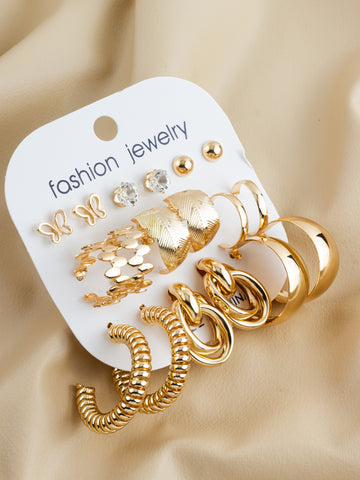 Aadita Gold Plated Studs & Hoops Combo Earring Set for Women (Pack of 9 Pairs)