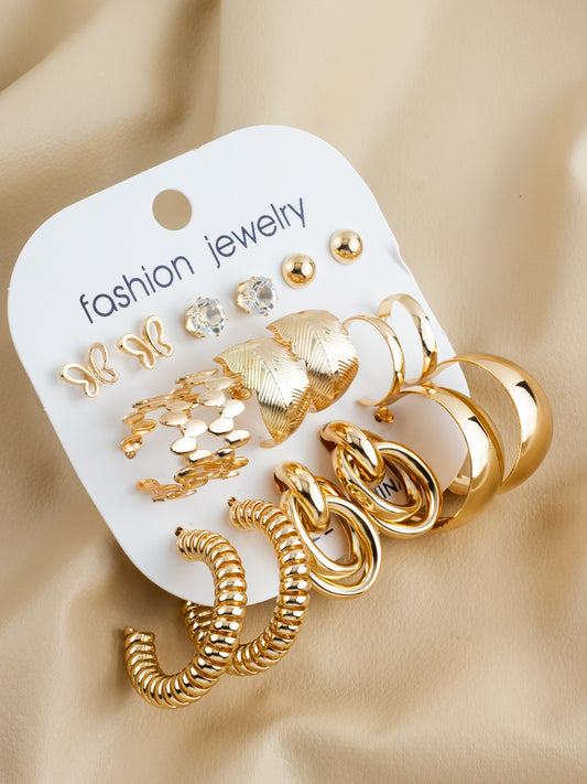 Aadita Gold Plated Studs & Hoops Combo Earring Set for Women (Pack of 9 Pairs)