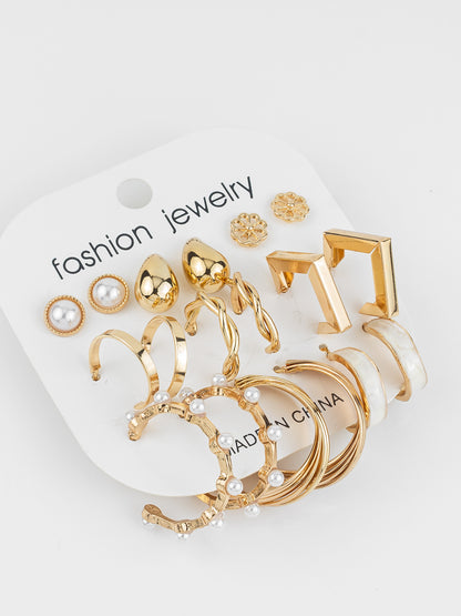Aadita Gold Plated Multi-Design Pearl & Hoop Earring Combo Set for Women (Pack of 9)