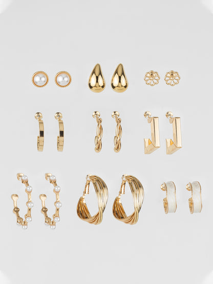 Aadita Gold Plated Multi-Design Pearl & Hoop Earring Combo Set for Women (Pack of 9)