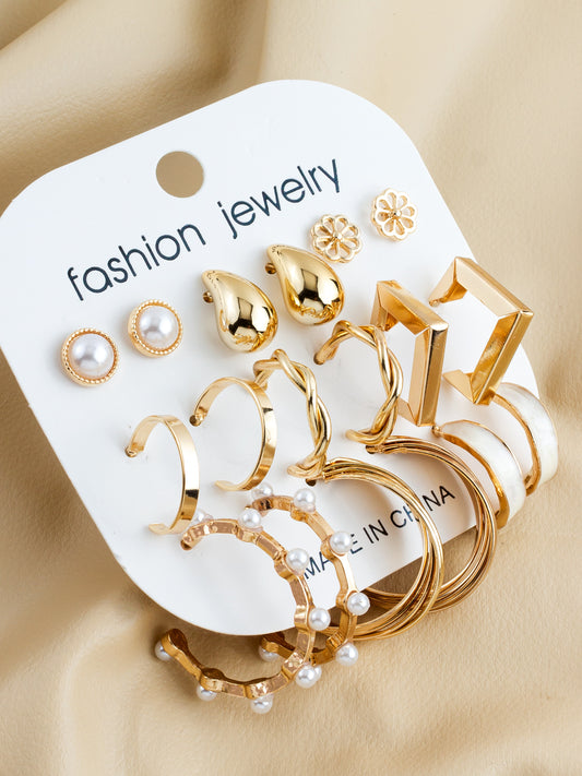 Aadita Gold Plated Multi-Design Pearl & Hoop Earring Combo Set for Women (Pack of 9)