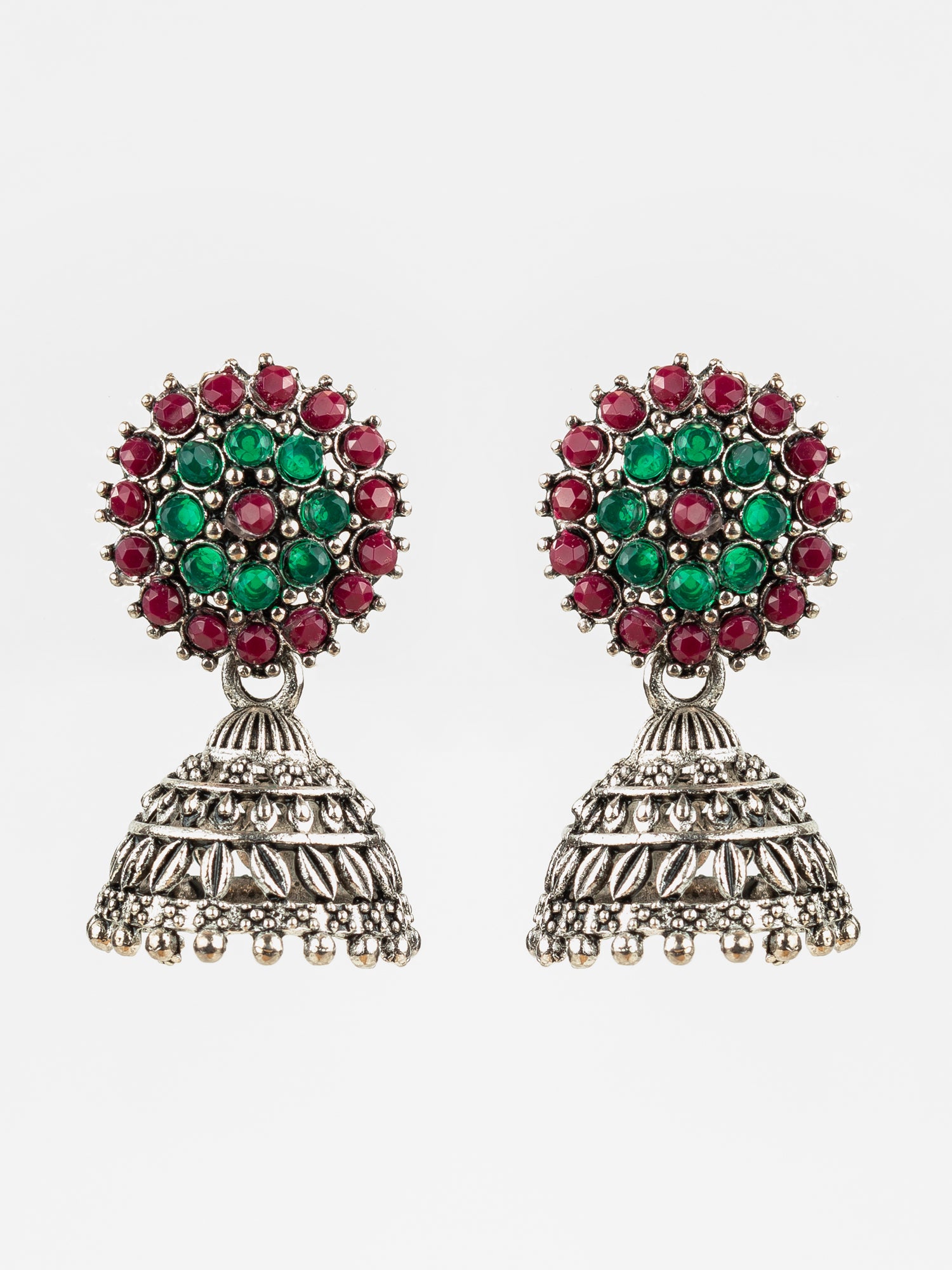 Aadita Silver Plated Green & Maroon Traditional Jhumka Earrings for Women