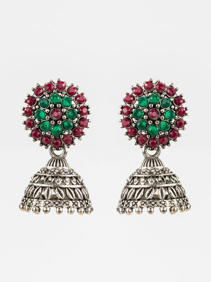 Aadita Silver Plated Green & Maroon Traditional Jhumka Earrings for Women