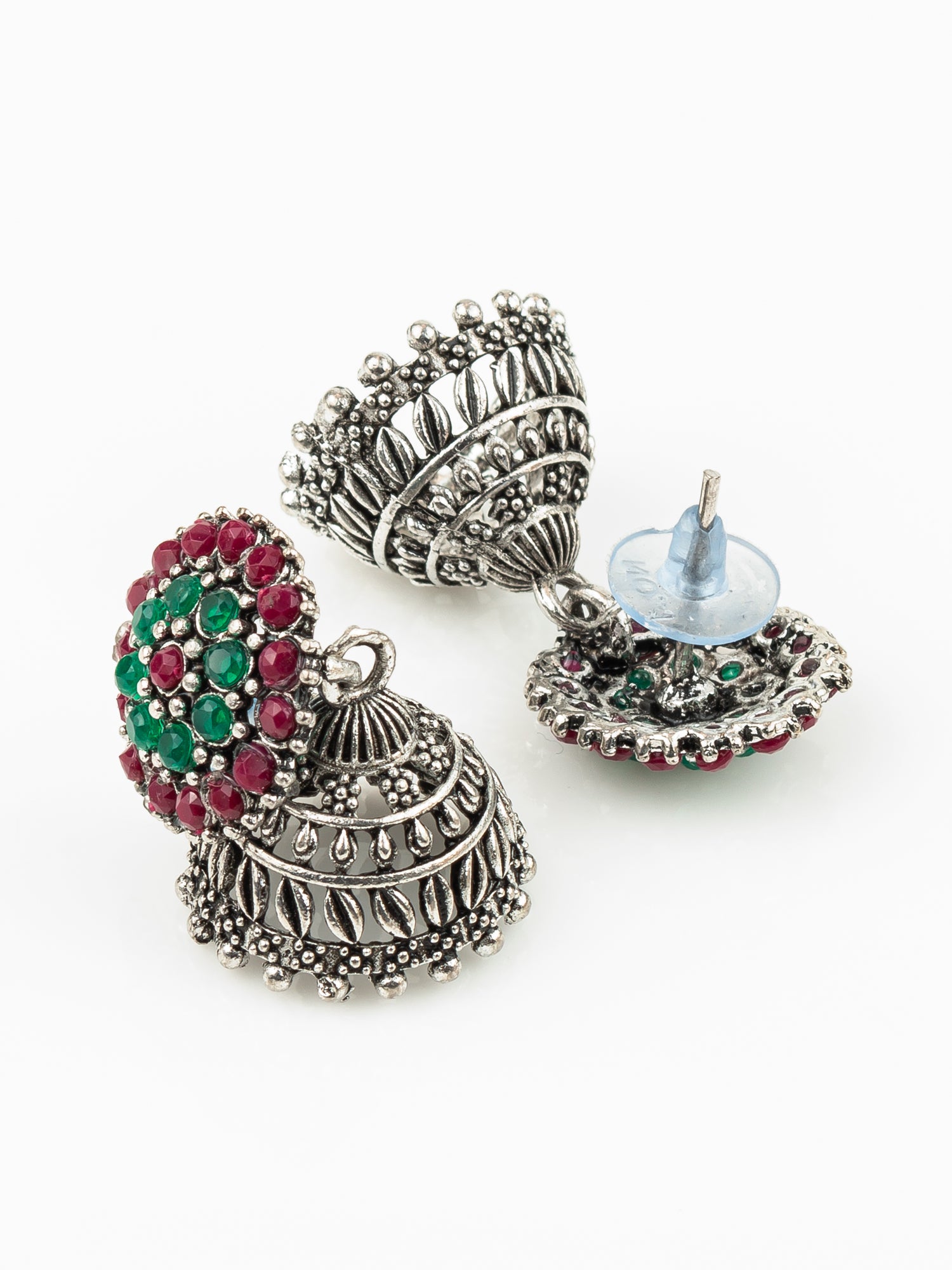 Aadita Silver Plated Green & Maroon Traditional Jhumka Earrings for Women