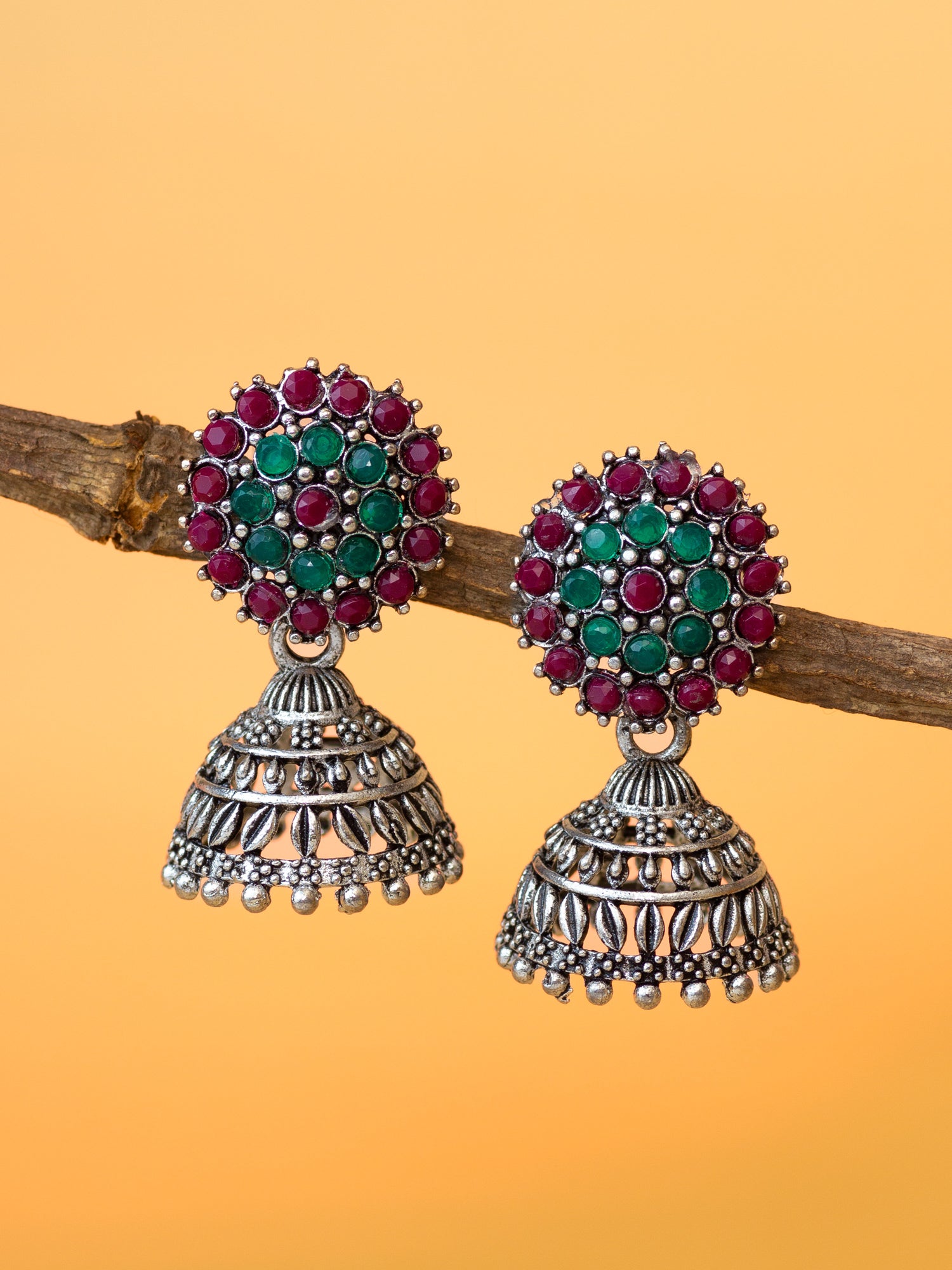 Aadita Silver Plated Green & Maroon Traditional Jhumka Earrings for Women