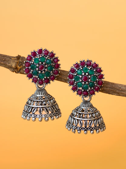 Aadita Silver Plated Green & Maroon Traditional Jhumka Earrings for Women