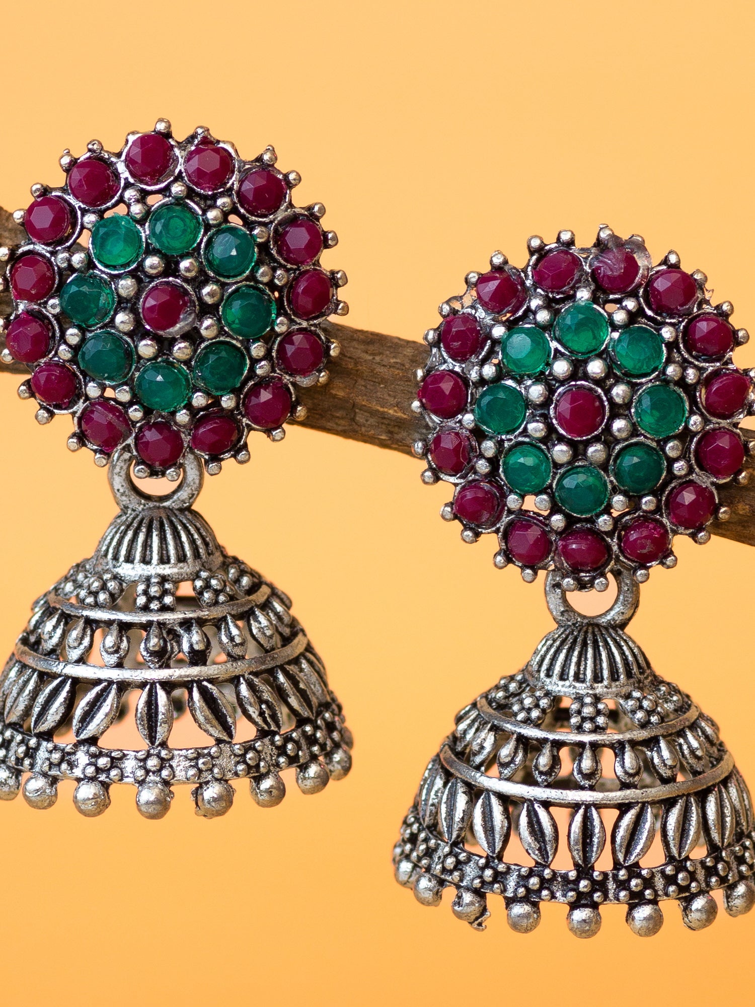 Aadita Silver Plated Green & Maroon Traditional Jhumka Earrings for Women