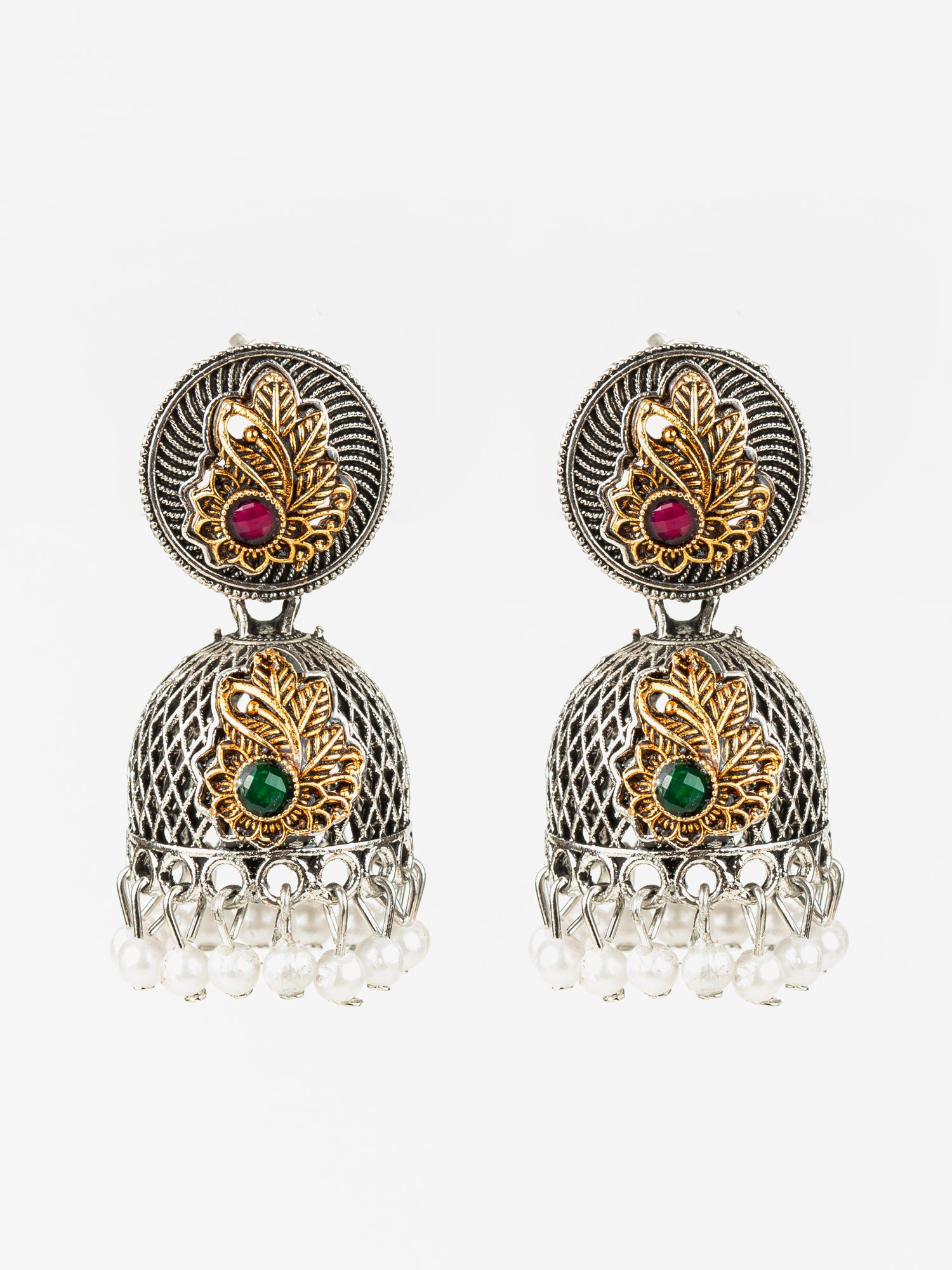 Aadita Silver Plated Antique Dome Jhumka Earrings with Red & Green Stones