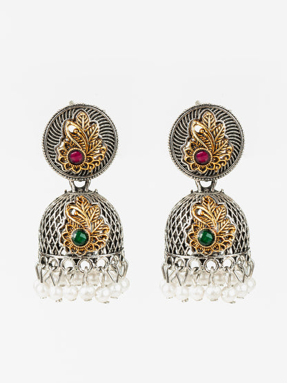 Aadita Silver Plated Antique Dome Jhumka Earrings with Red & Green Stones