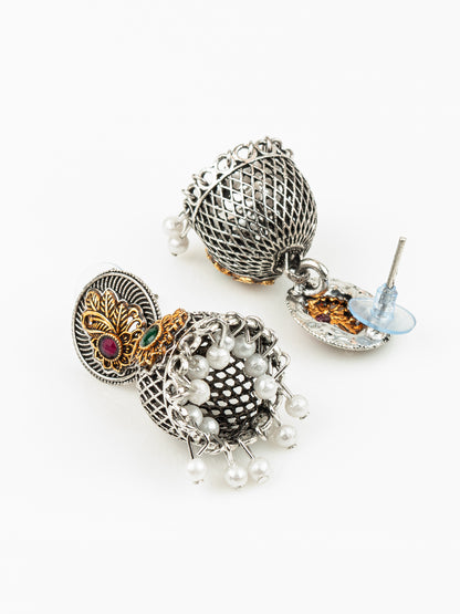 Aadita Silver Plated Antique Dome Jhumka Earrings with Red & Green Stones