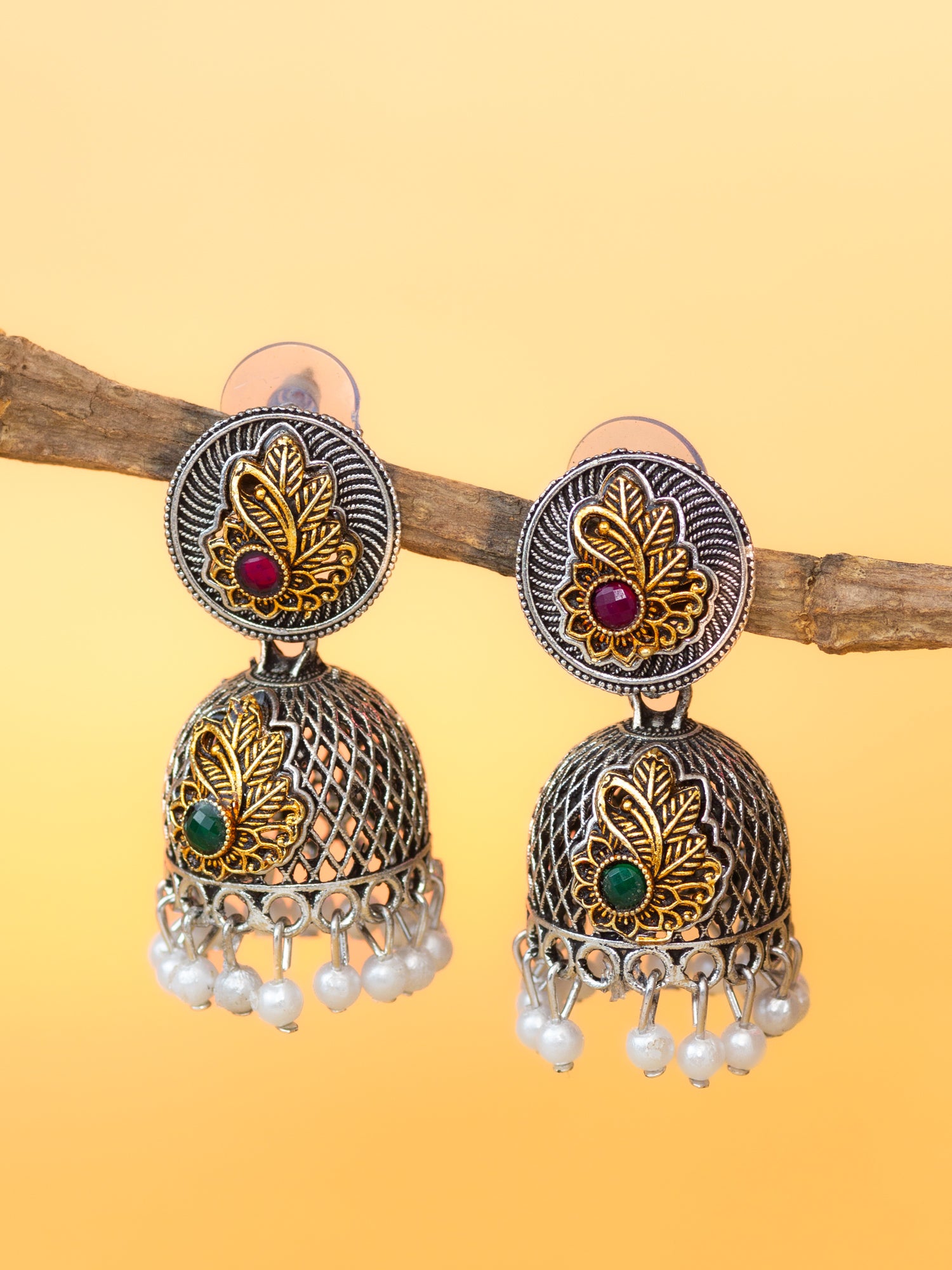 Aadita Silver Plated Antique Dome Jhumka Earrings with Red & Green Stones