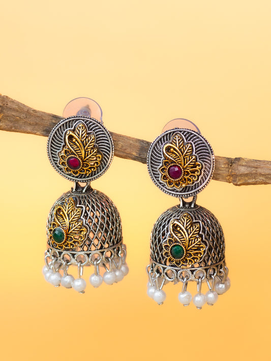 Aadita Silver Plated Antique Dome Jhumka Earrings with Red & Green Stones