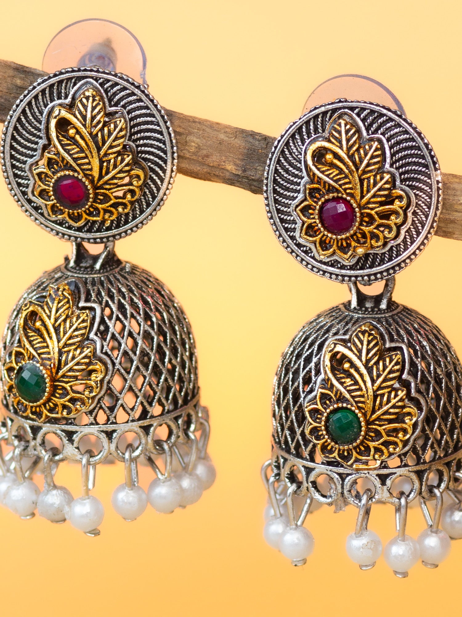 Aadita Silver Plated Antique Dome Jhumka Earrings with Red & Green Stones