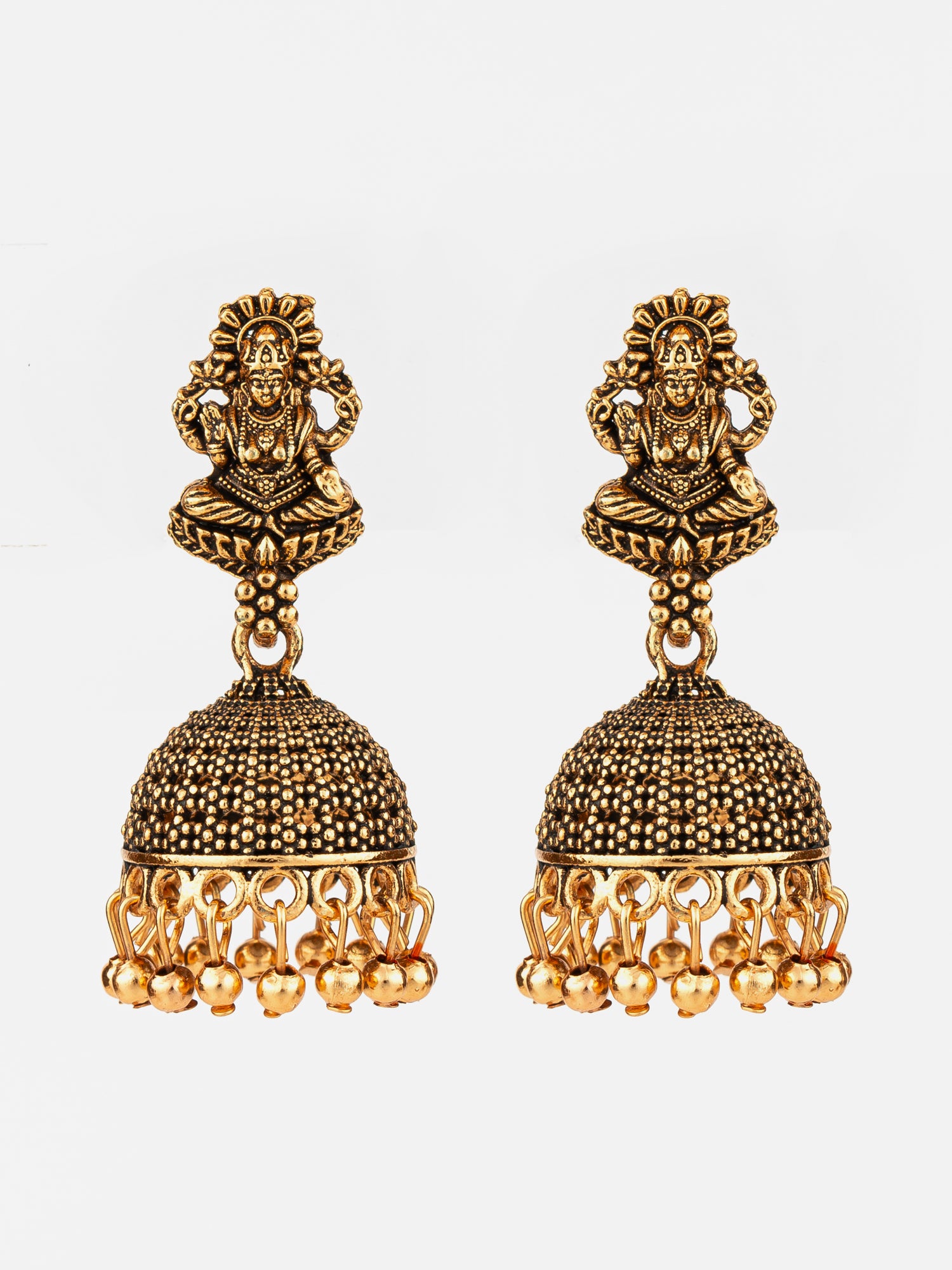Aadita Antique Gold Plated Lakshmi Temple Jhumka Earrings