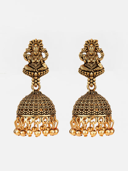 Aadita Antique Gold Plated Lakshmi Temple Jhumka Earrings