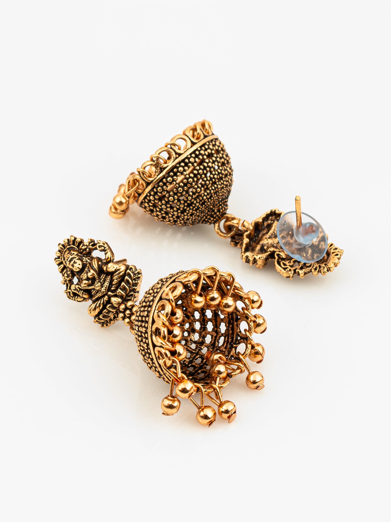 Aadita Antique Gold Plated Lakshmi Temple Jhumka Earrings