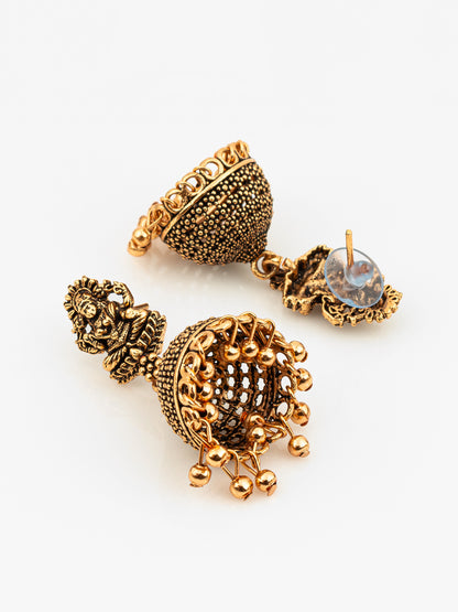 Aadita Antique Gold Plated Lakshmi Temple Jhumka Earrings