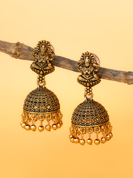 Aadita Antique Gold Plated Lakshmi Temple Jhumka Earrings