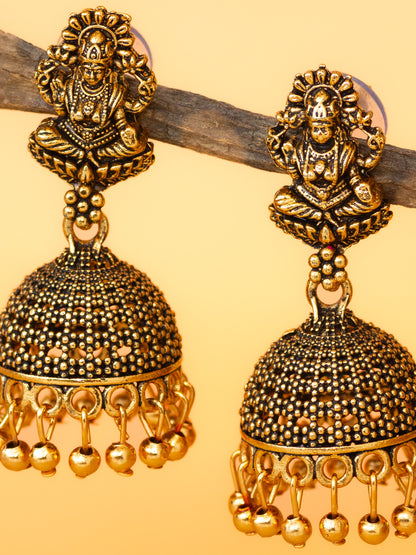 Aadita Antique Gold Plated Lakshmi Temple Jhumka Earrings