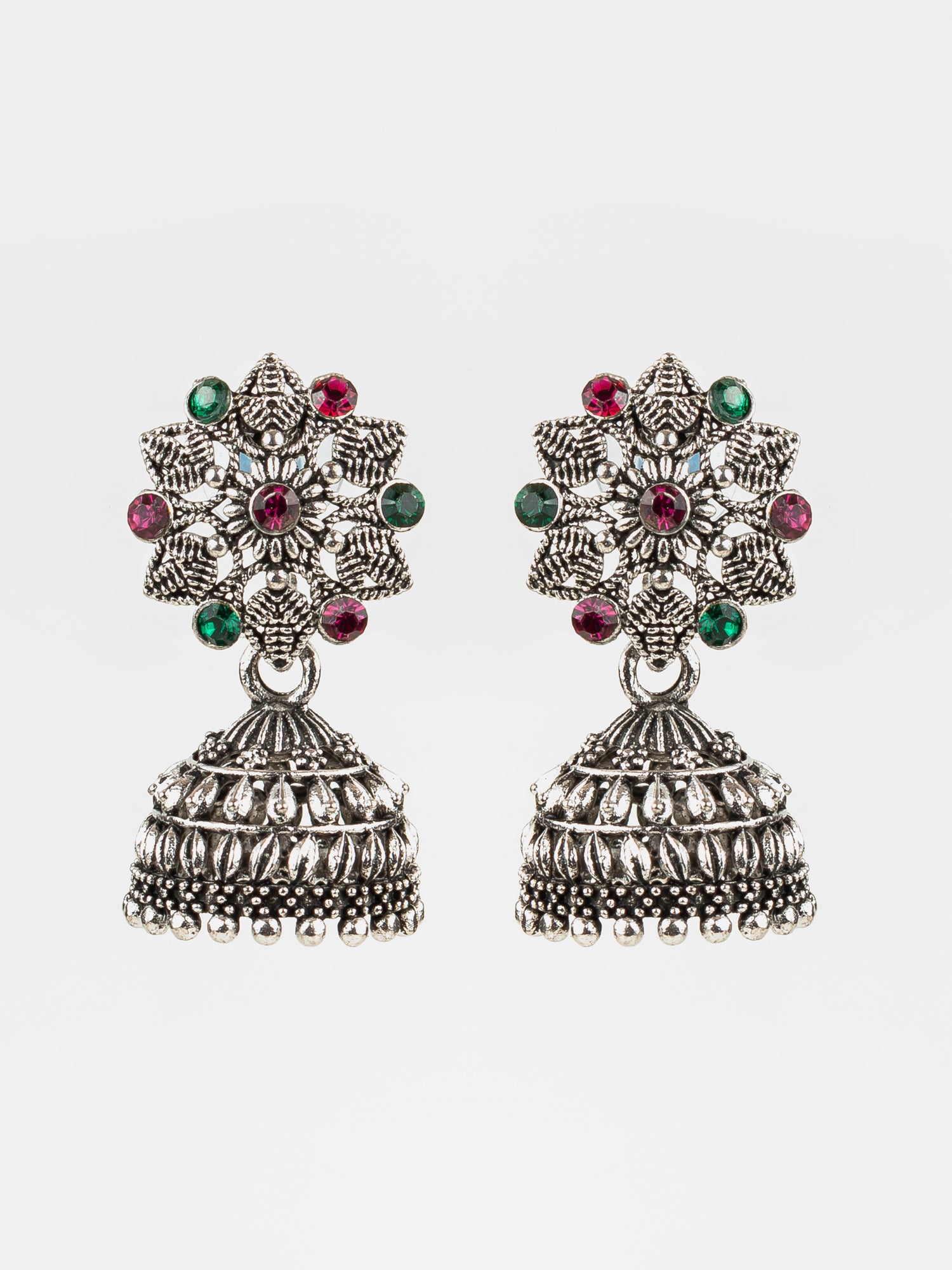 Aadita Oxidised Silver Plated Floral Stud Jhumka Earrings with Multicolor Stones