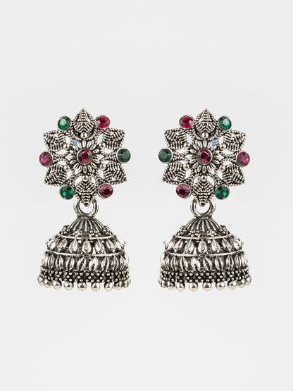 Aadita Oxidised Silver Plated Floral Stud Jhumka Earrings with Multicolor Stones