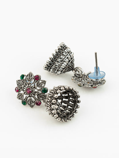 Aadita Oxidised Silver Plated Floral Stud Jhumka Earrings with Multicolor Stones