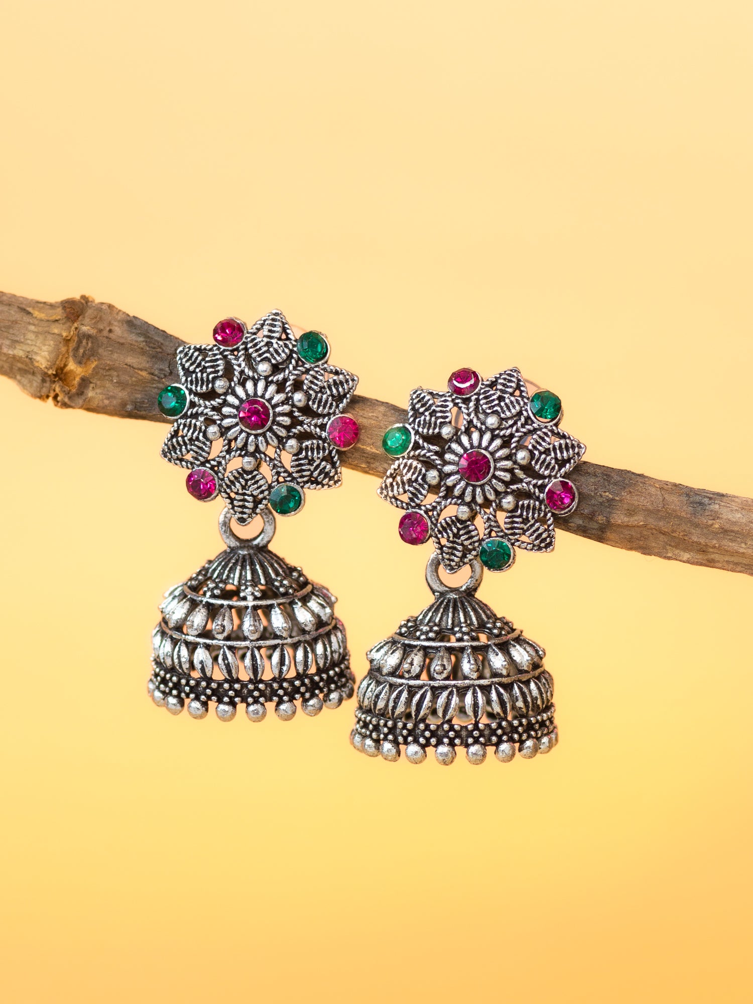 Aadita Oxidised Silver Plated Floral Stud Jhumka Earrings with Multicolor Stones