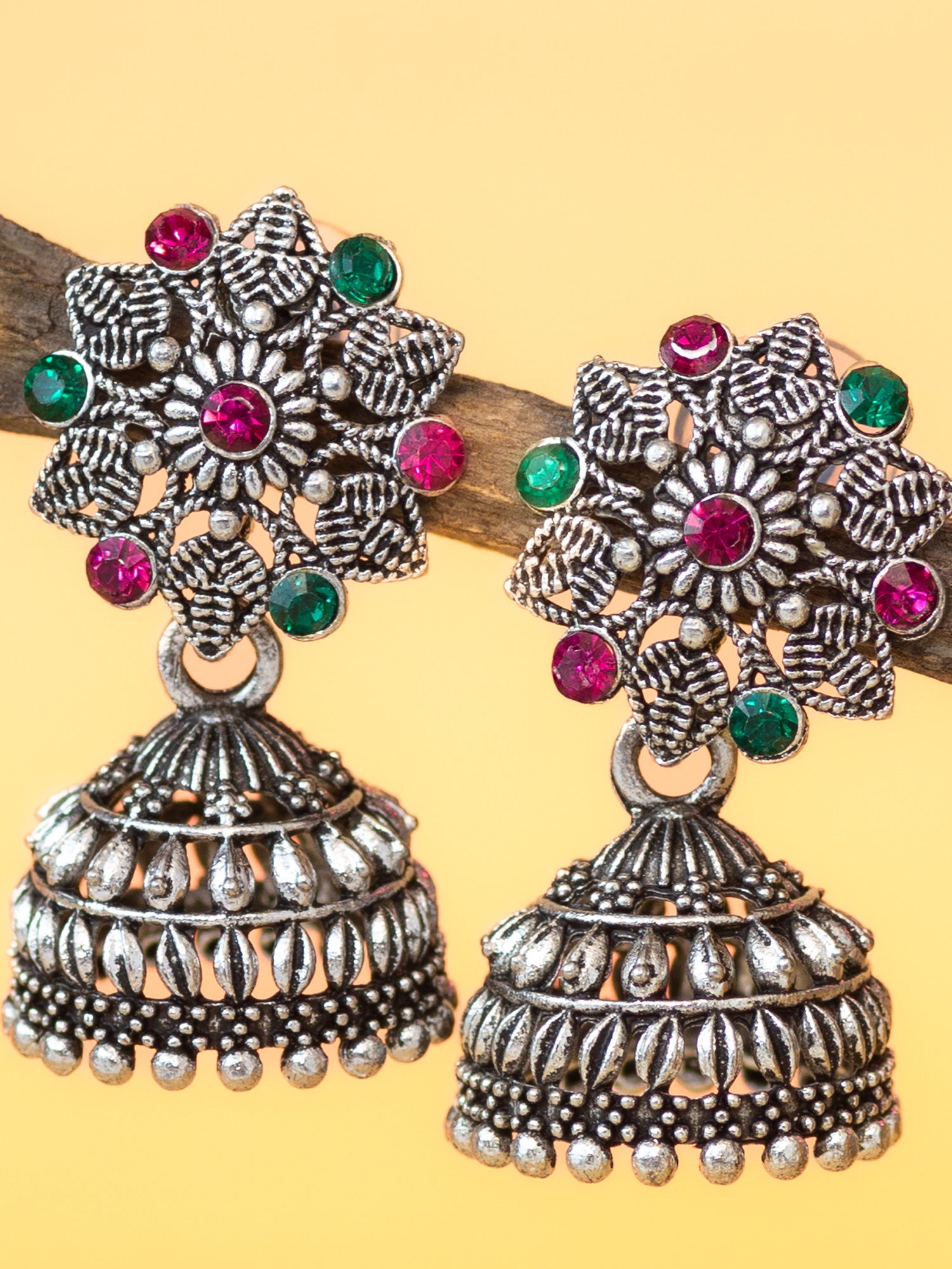 Aadita Oxidised Silver Plated Floral Stud Jhumka Earrings with Multicolor Stones