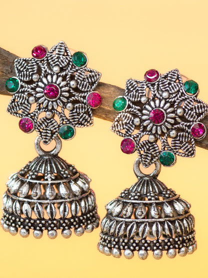 Aadita Oxidised Silver Plated Floral Stud Jhumka Earrings with Multicolor Stones