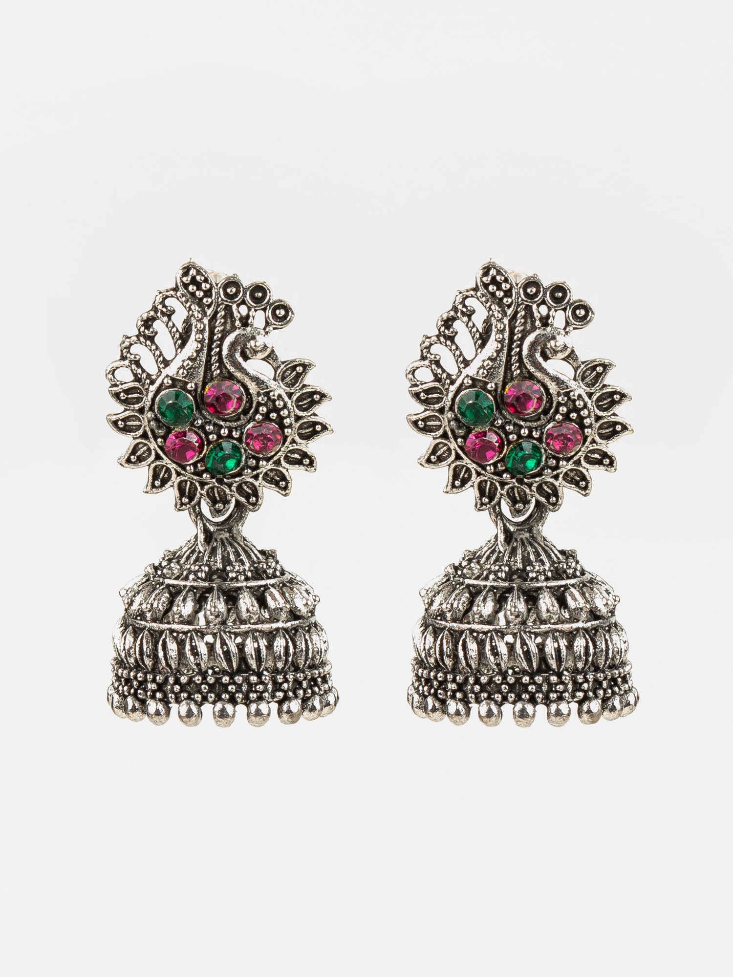Aadita Silver Plated Peacock Design Oxidised Jhumka Earrings for Women and Girls