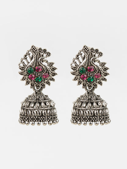 Aadita Silver Plated Peacock Design Oxidised Jhumka Earrings for Women and Girls