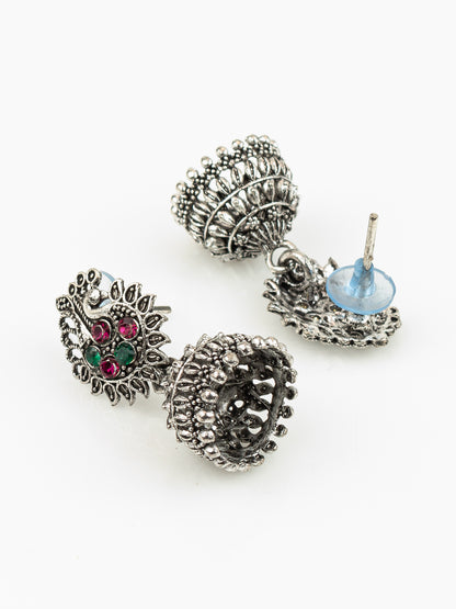 Aadita Silver Plated Peacock Design Oxidised Jhumka Earrings for Women and Girls