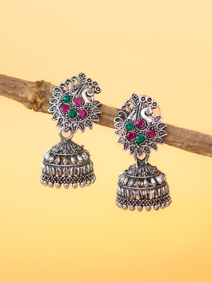Aadita Silver Plated Peacock Design Oxidised Jhumka Earrings for Women and Girls