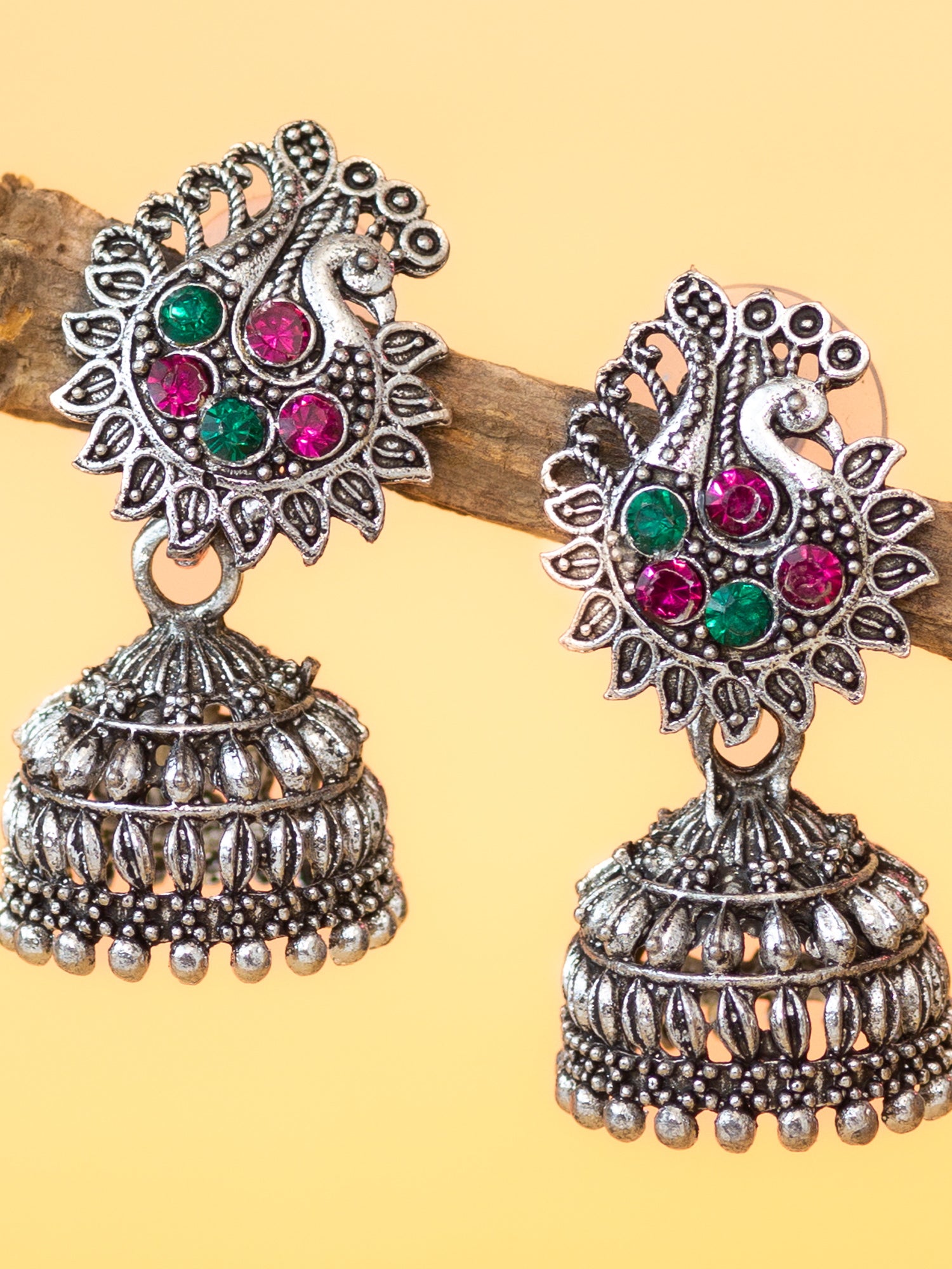 Aadita Silver Plated Peacock Design Oxidised Jhumka Earrings for Women and Girls