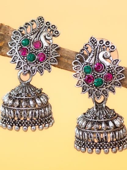 Aadita Silver Plated Peacock Design Oxidised Jhumka Earrings for Women and Girls