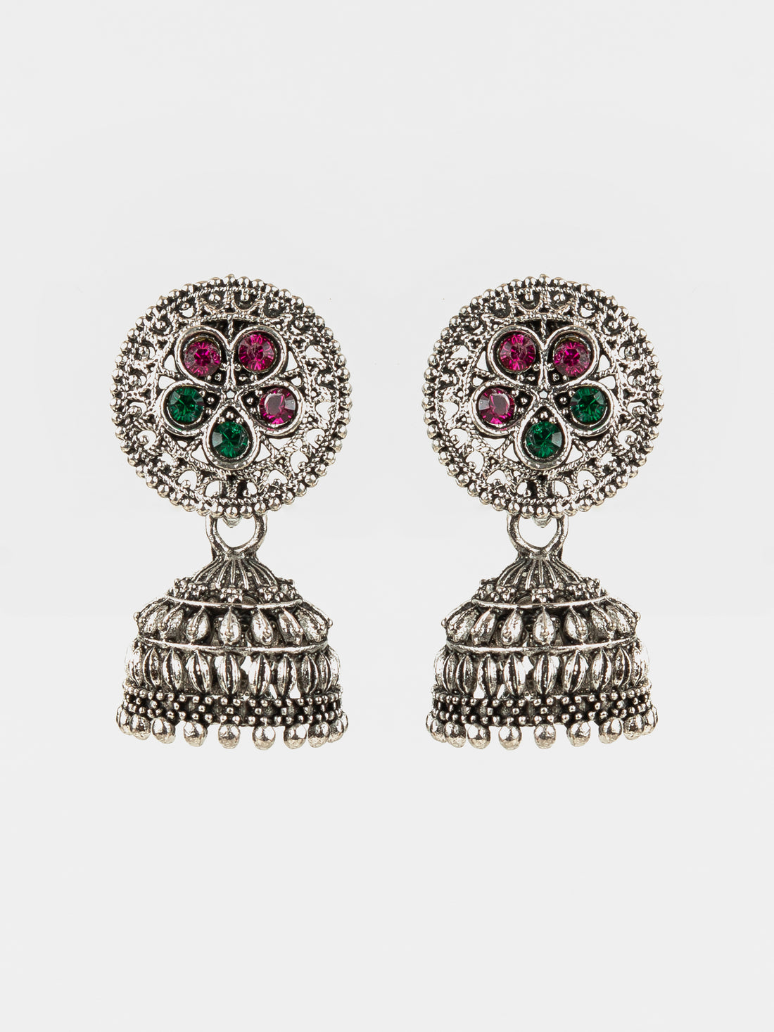 Aadita Navratri Wear Oxidized Silver Plated Floral Stud Traditional Jhumka Earrings