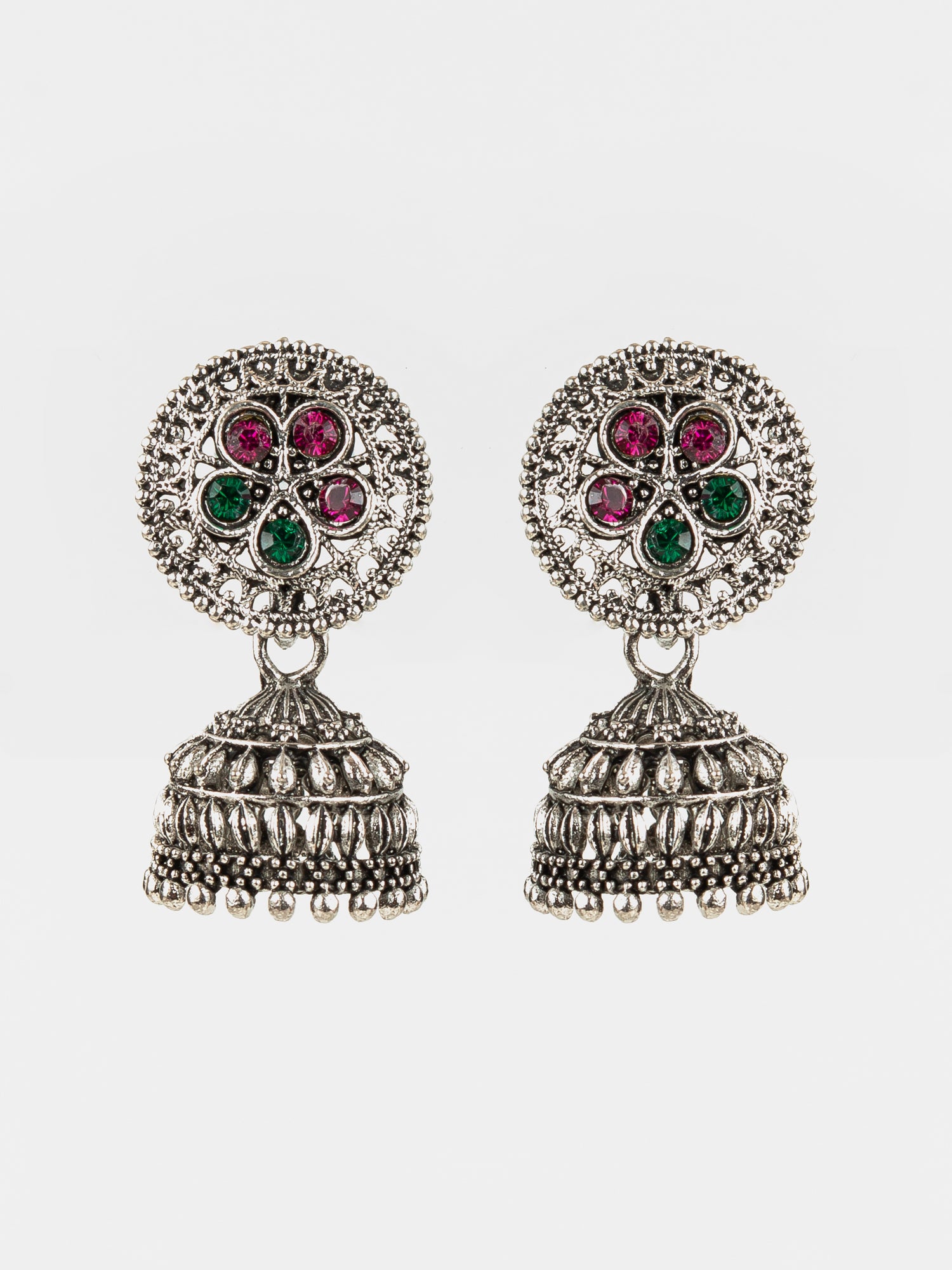 Aadita Navratri Wear Oxidized Silver Plated Floral Stud Traditional Jhumka Earrings