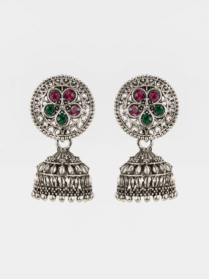 Aadita Oxidised Silver Plated Floral Stud Traditional Jhumka Earrings