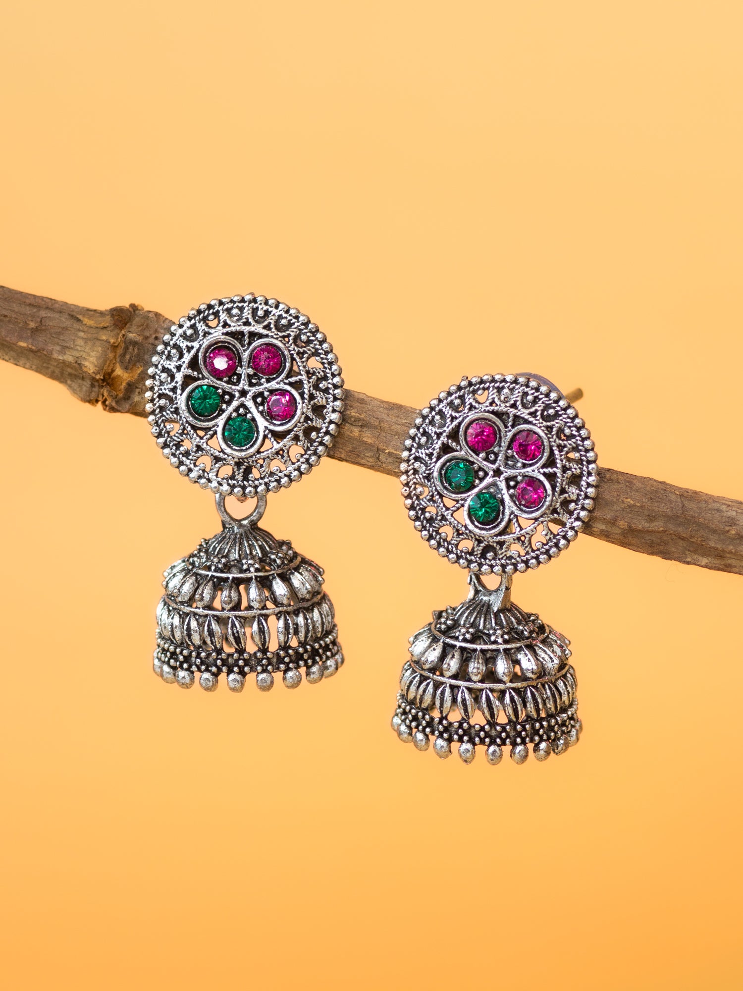Aadita Navratri Wear Oxidized Silver Plated Floral Stud Traditional Jhumka Earrings