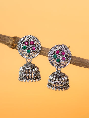 Aadita Navratri Wear Oxidized Silver Plated Floral Stud Traditional Jhumka Earrings