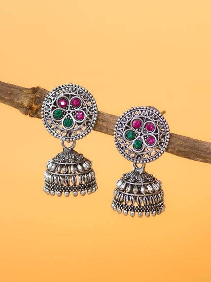 Aadita Oxidised Silver Plated Floral Stud Traditional Jhumka Earrings