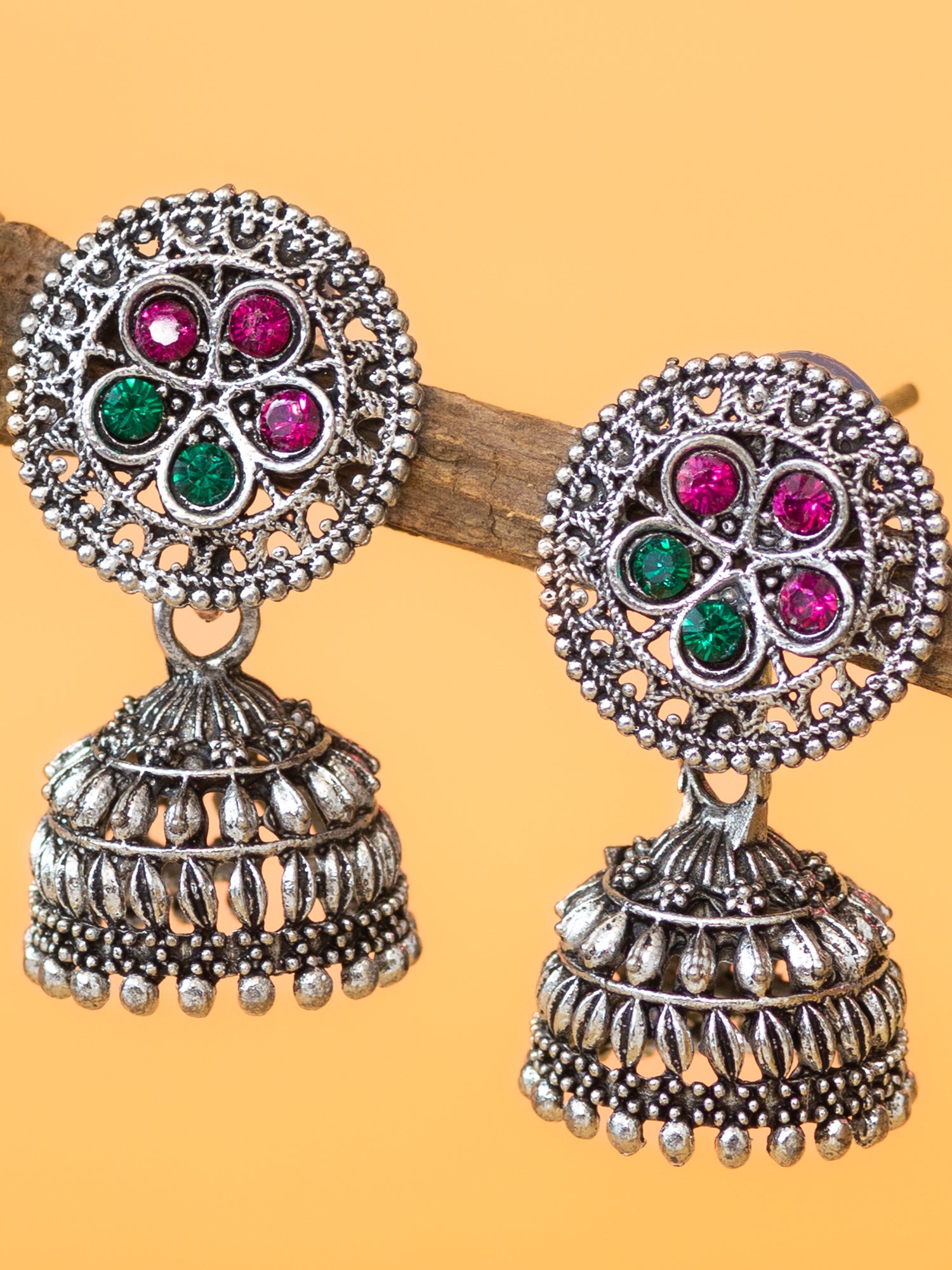 Aadita Oxidised Silver Plated Floral Stud Traditional Jhumka Earrings