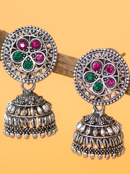 Aadita Oxidised Silver Plated Floral Stud Traditional Jhumka Earrings