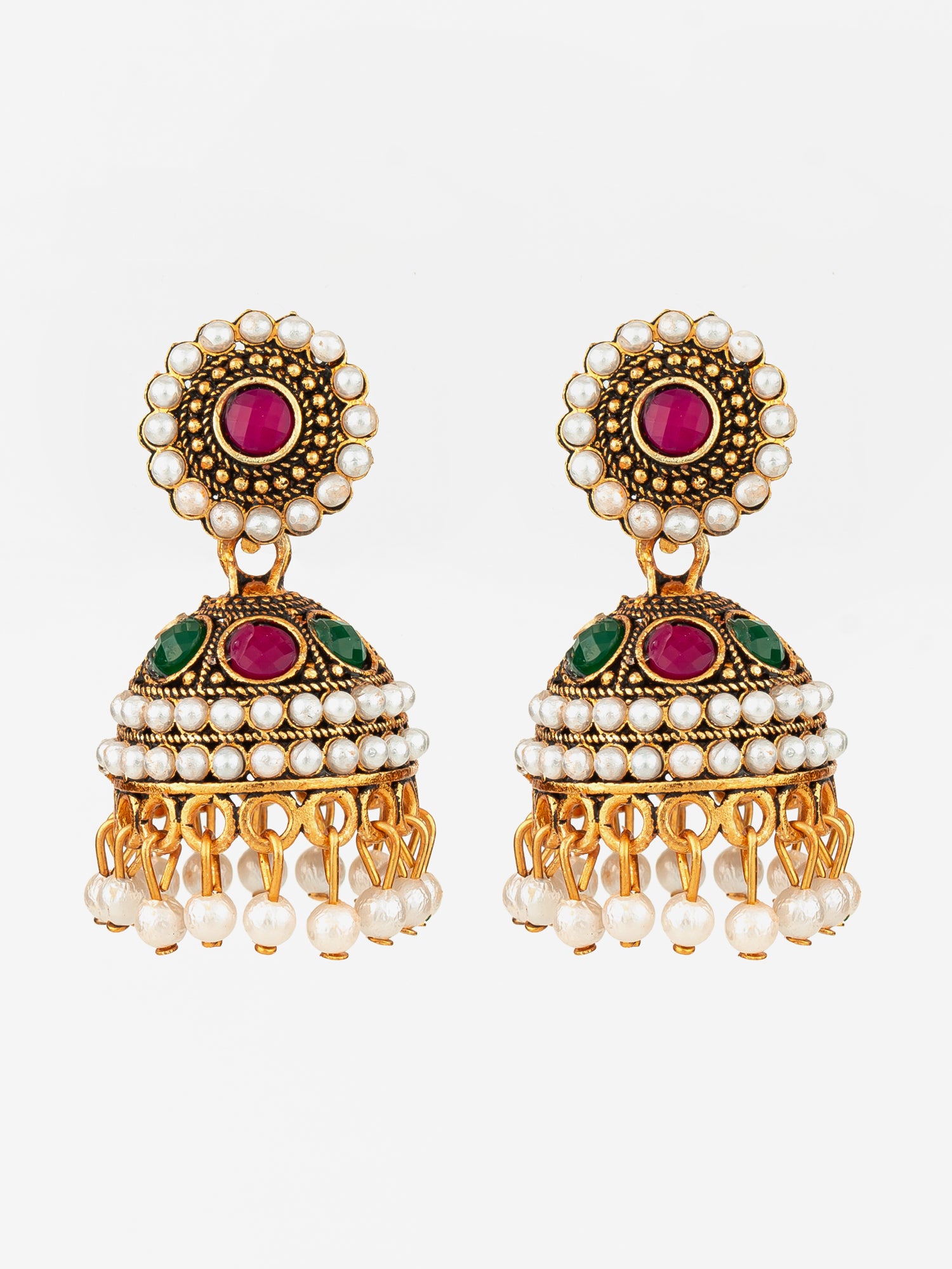 Aadita Antique Gold Plated Pearl Beaded Jhumka Earrings for Women