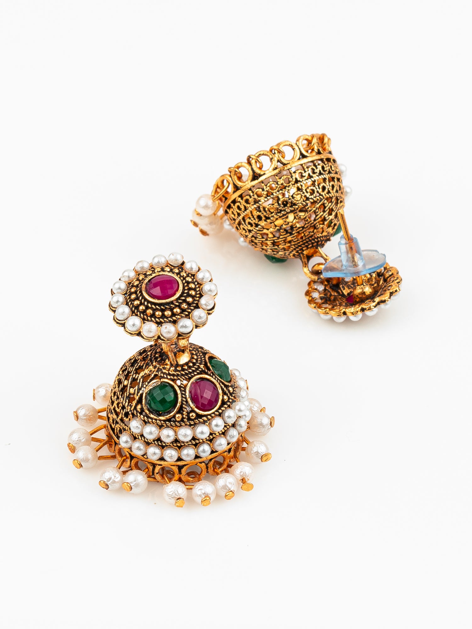 Aadita Antique Gold Plated Pearl Beaded Jhumka Earrings for Women