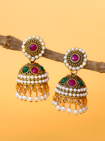 Aadita Antique Gold Plated Pearl Beaded Jhumka Earrings for Women