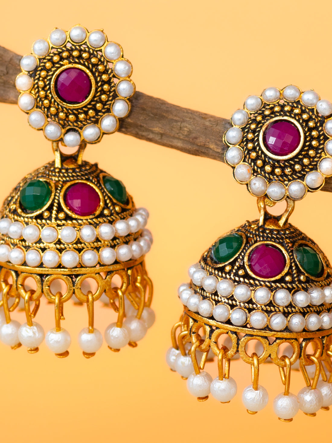 Aadita Antique Gold Plated Pearl Beaded Jhumka Earrings for Women