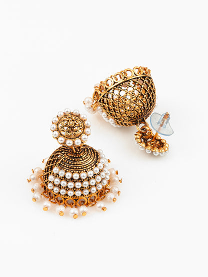 Aadita Gold Plated Pearl Cluster Traditional Jhumka Earrings