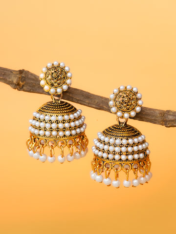Aadita Gold Plated Pearl Cluster Traditional Jhumka Earrings