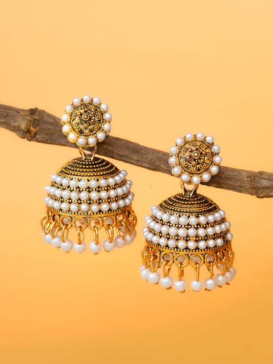 Aadita Gold Plated Pearl Cluster Traditional Jhumka Earrings